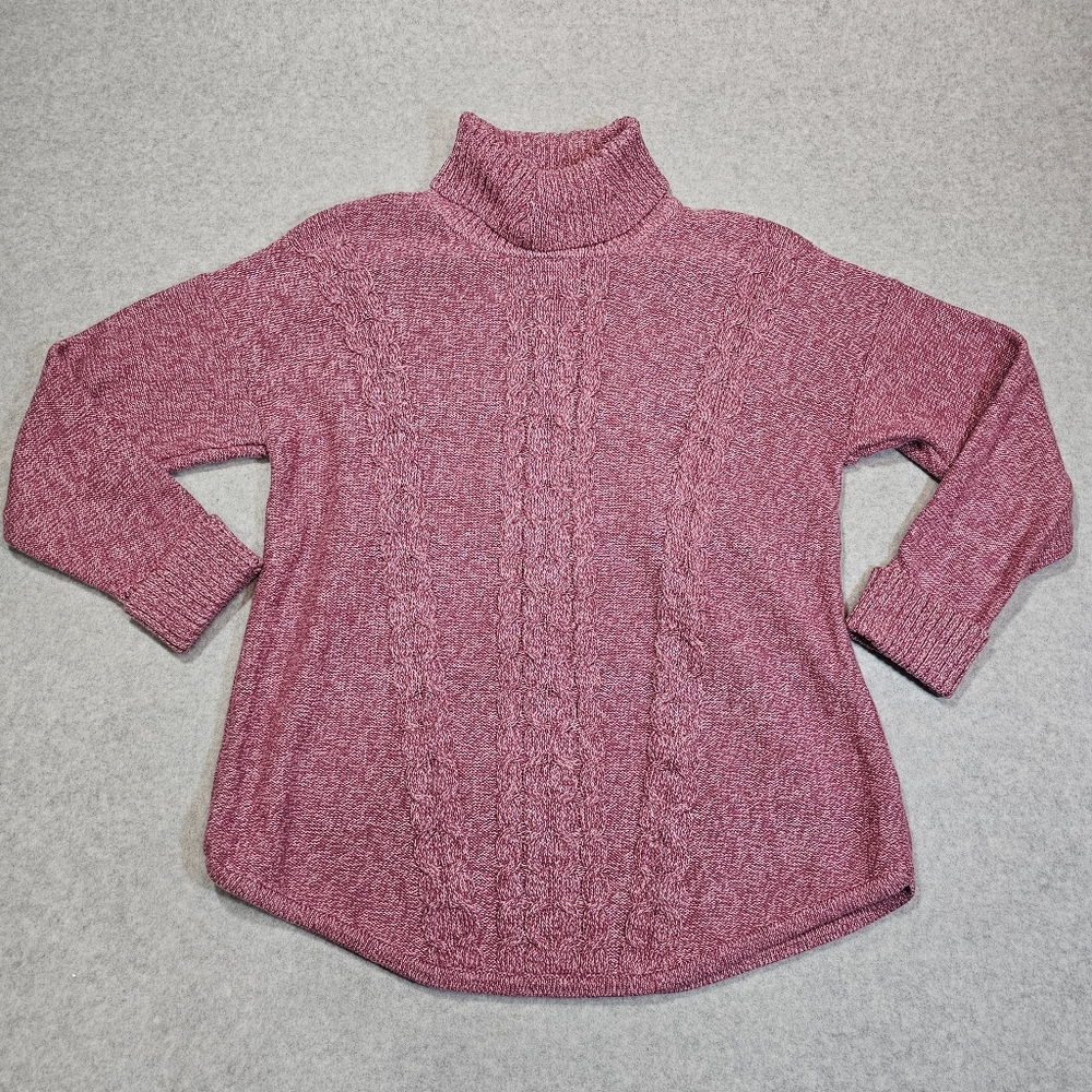 LL Bean Pullover Cable Knit Cowl Neck Cotton Sweater Womens Size XL Marled Pink